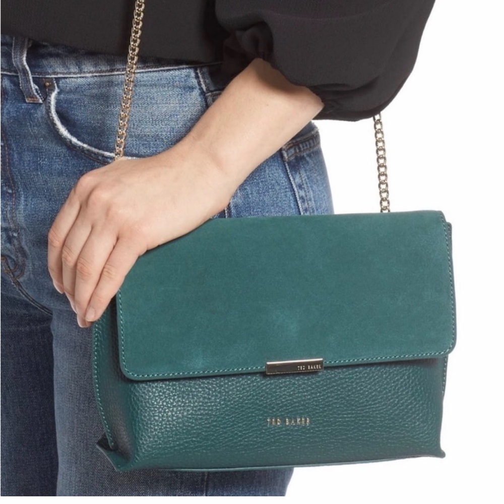 Ted Baker Dark Green Leather & Suede Chain Crossbody Bag
